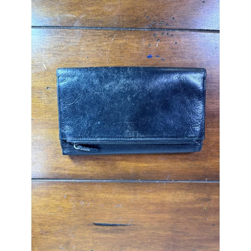 Fossil Trifold Wallet Womens OS Black Genuine Leather Snap ID Window Organizer